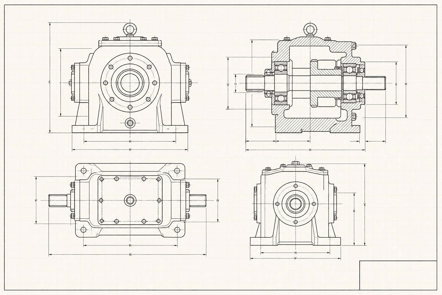 Orthographic engineering drawing of a gearbox housing: three projected views and one hatched cross-section, with dimension lines.